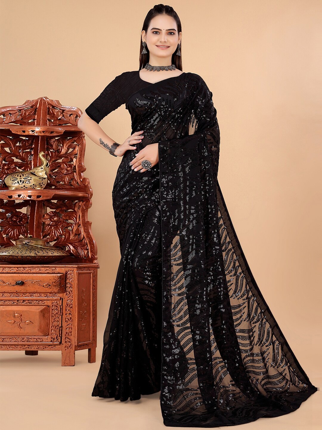 

Mitera Embellished Sequinned Detail Saree, Black