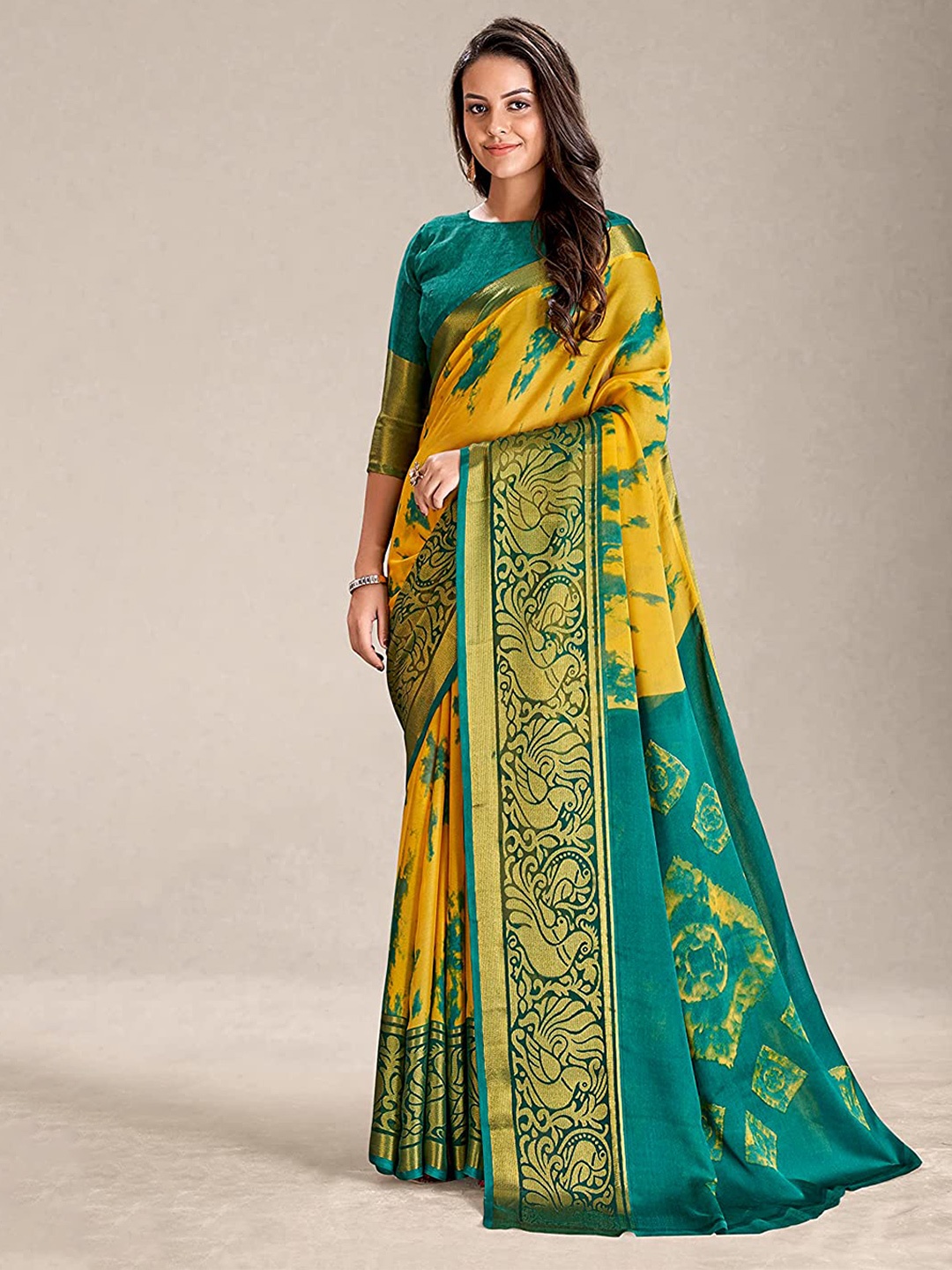 

Mitera Abstract Printed Zari Detail Saree, Yellow