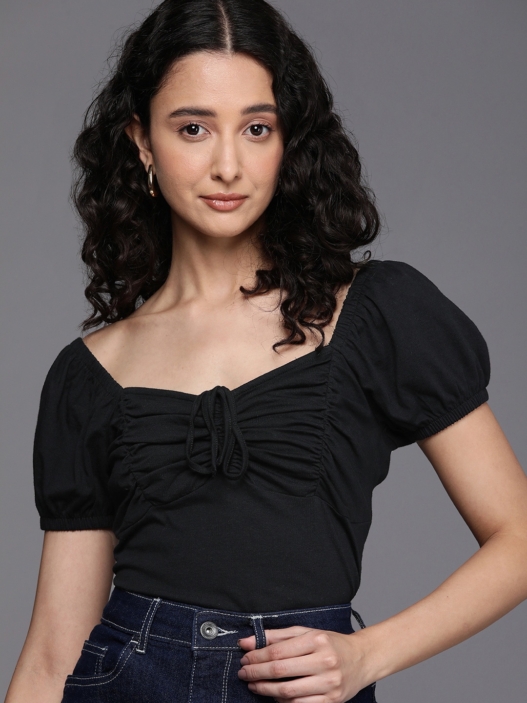 

DOROTHY PERKINS Sweetheart Neck Puff Sleeve Ruched Top, Black