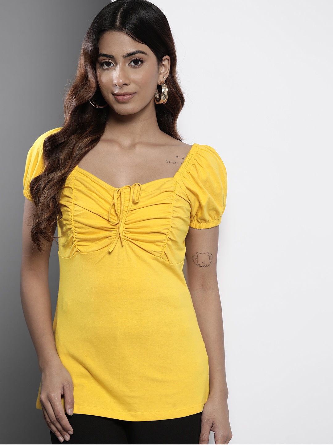 

DOROTHY PERKINS Tie-Up & Ruched Cotton Top, Mustard