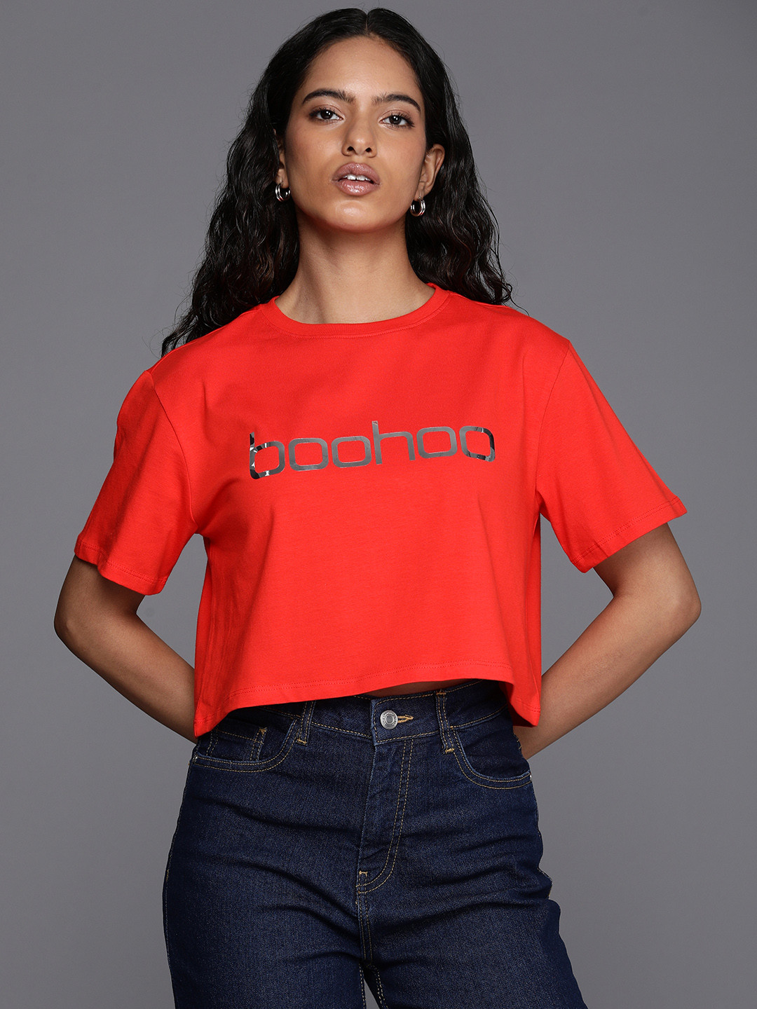 

Boohoo Brand Logo Print Crop Top, Red