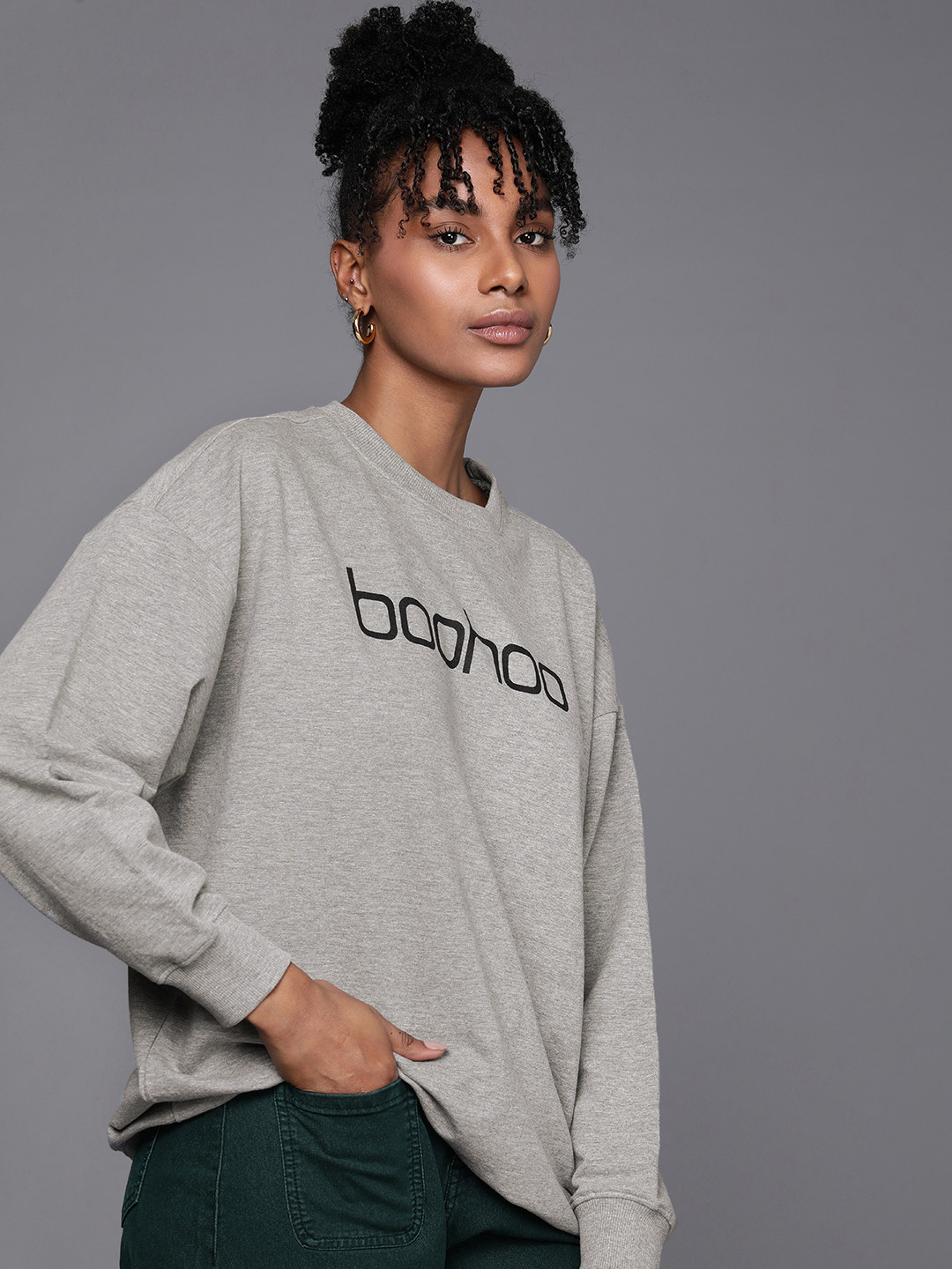 

Boohoo Brand Logo Printed Long Sleeves Sweatshirt, Grey melange