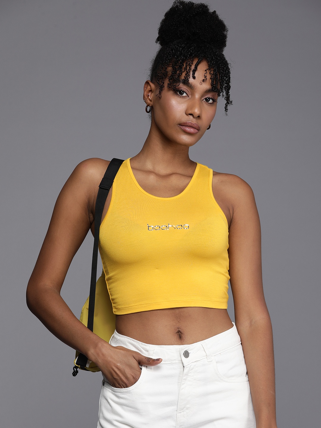 

Boohoo Brand Logo Print Tank Crop Top, Yellow