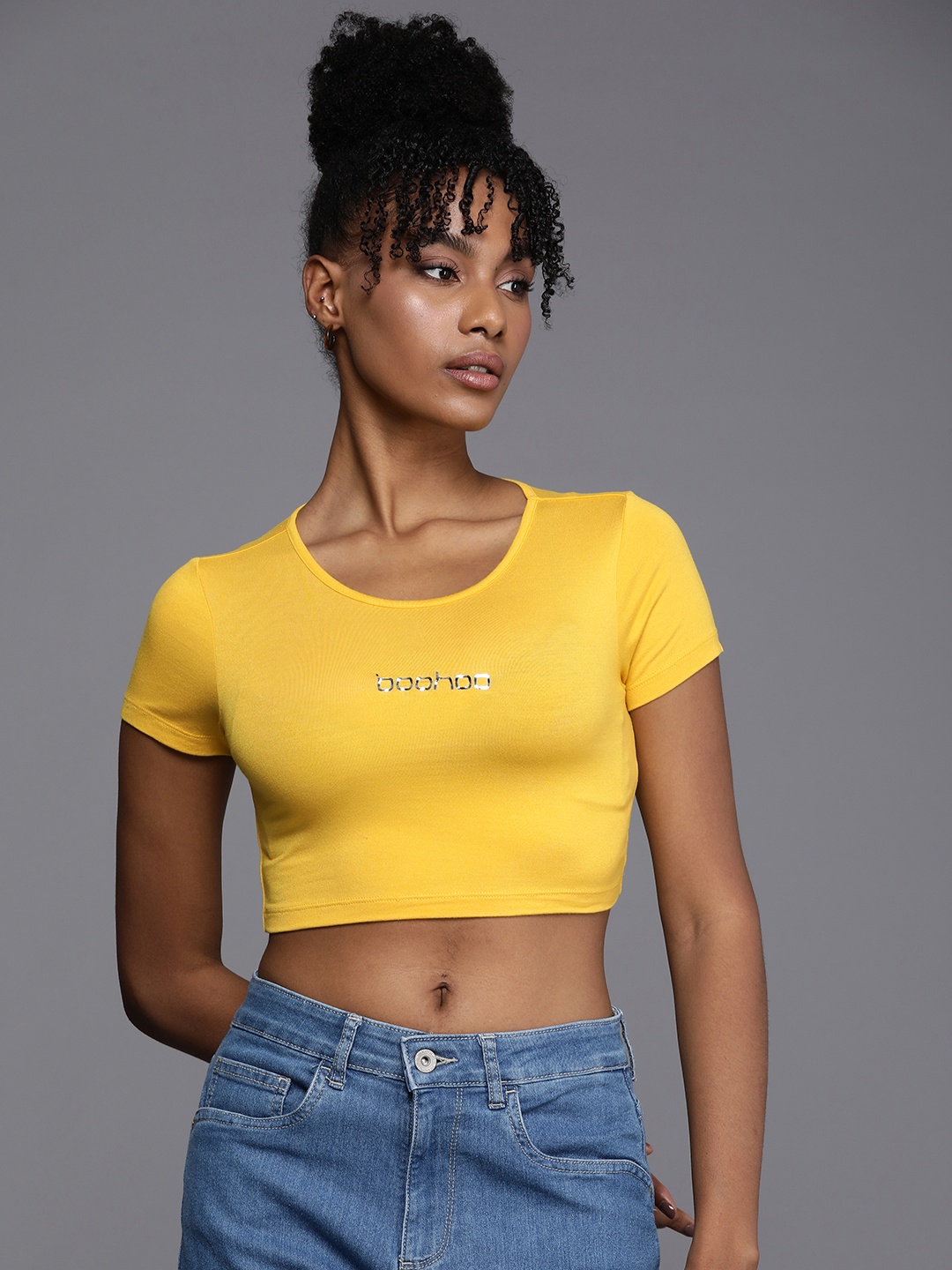 

Boohoo Brand Logo Print Crop Top, Yellow