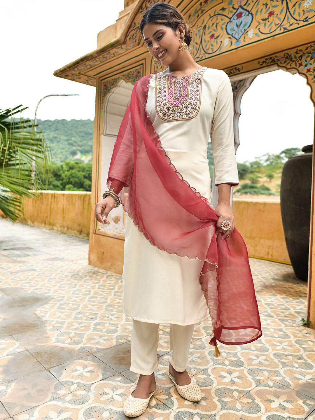 

KALINI Ethnic Motifs Embroidered Thread Work Kurta With Trousers & Dupatta, Off white