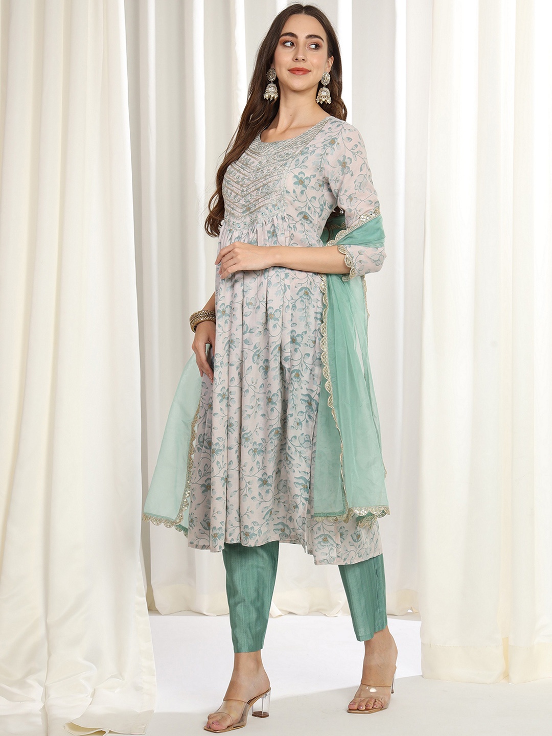 

KALINI Floral Printed Pleated Mirror Work Pure Cotton A-Line Kurta with Trousers & Dupatta, Mauve