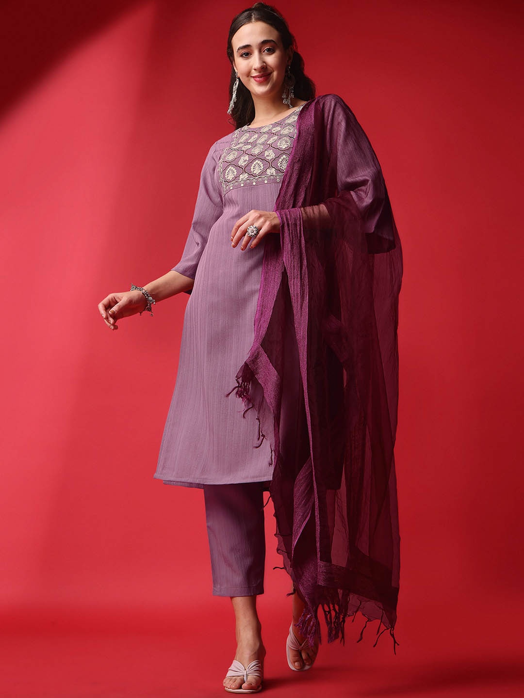 

KALINI Floral Yoke Design Sequined Straight Kurta with Trousers & Dupatta, Mauve