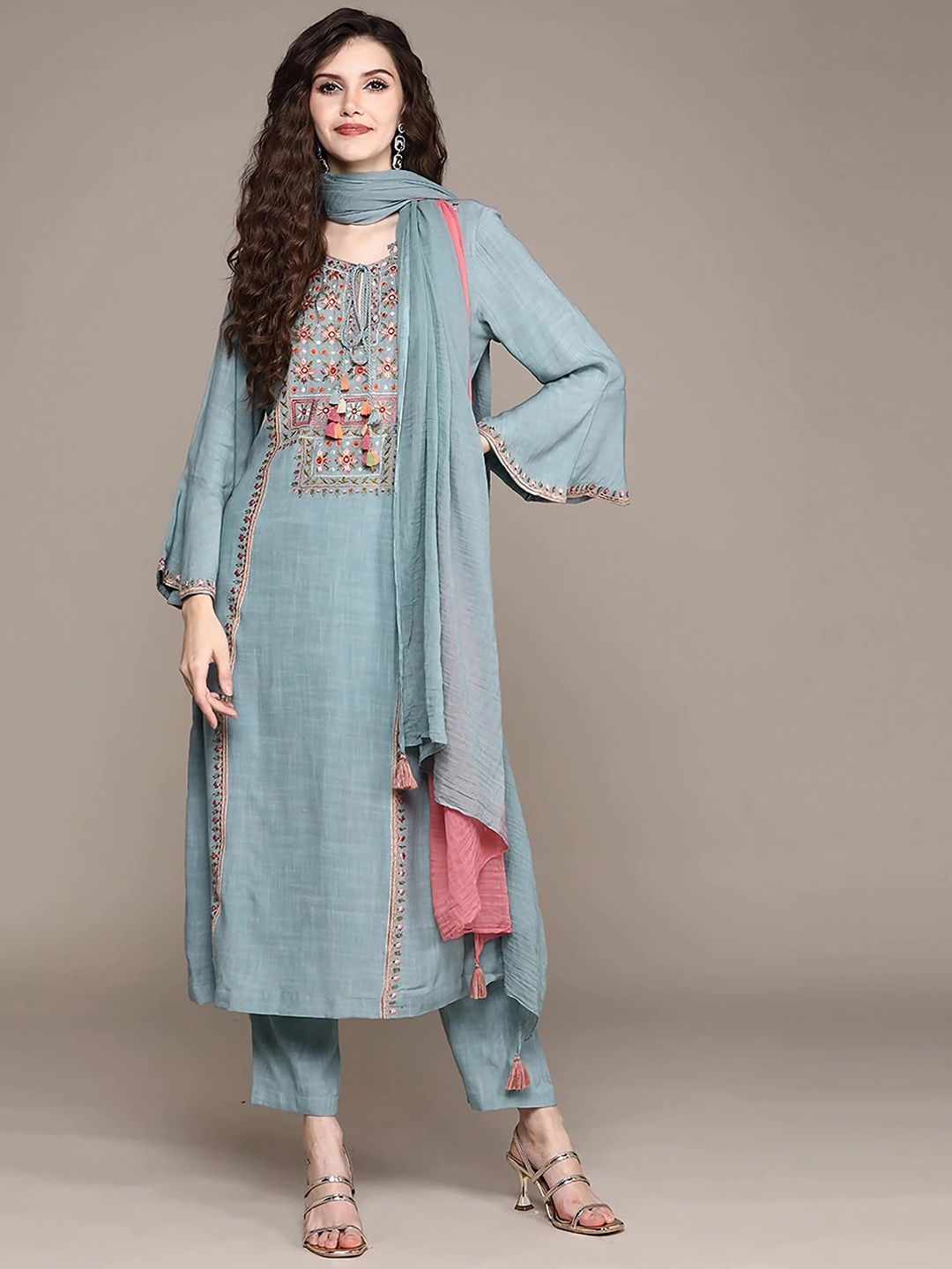 

KALINI Floral Embroidered Regular Mirror Work Kurta With Trousers & Dupatta, Grey