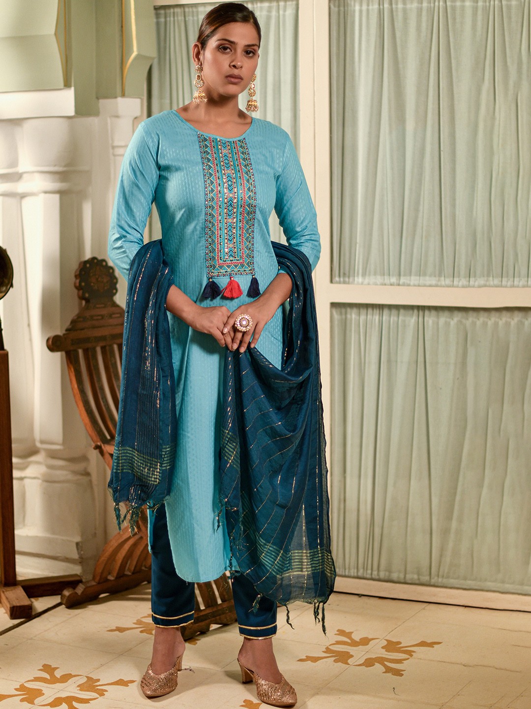 

KALINI Ethnic Motifs Woven Design Sequinned Straight Kurta with Trousers & Dupatta, Turquoise blue
