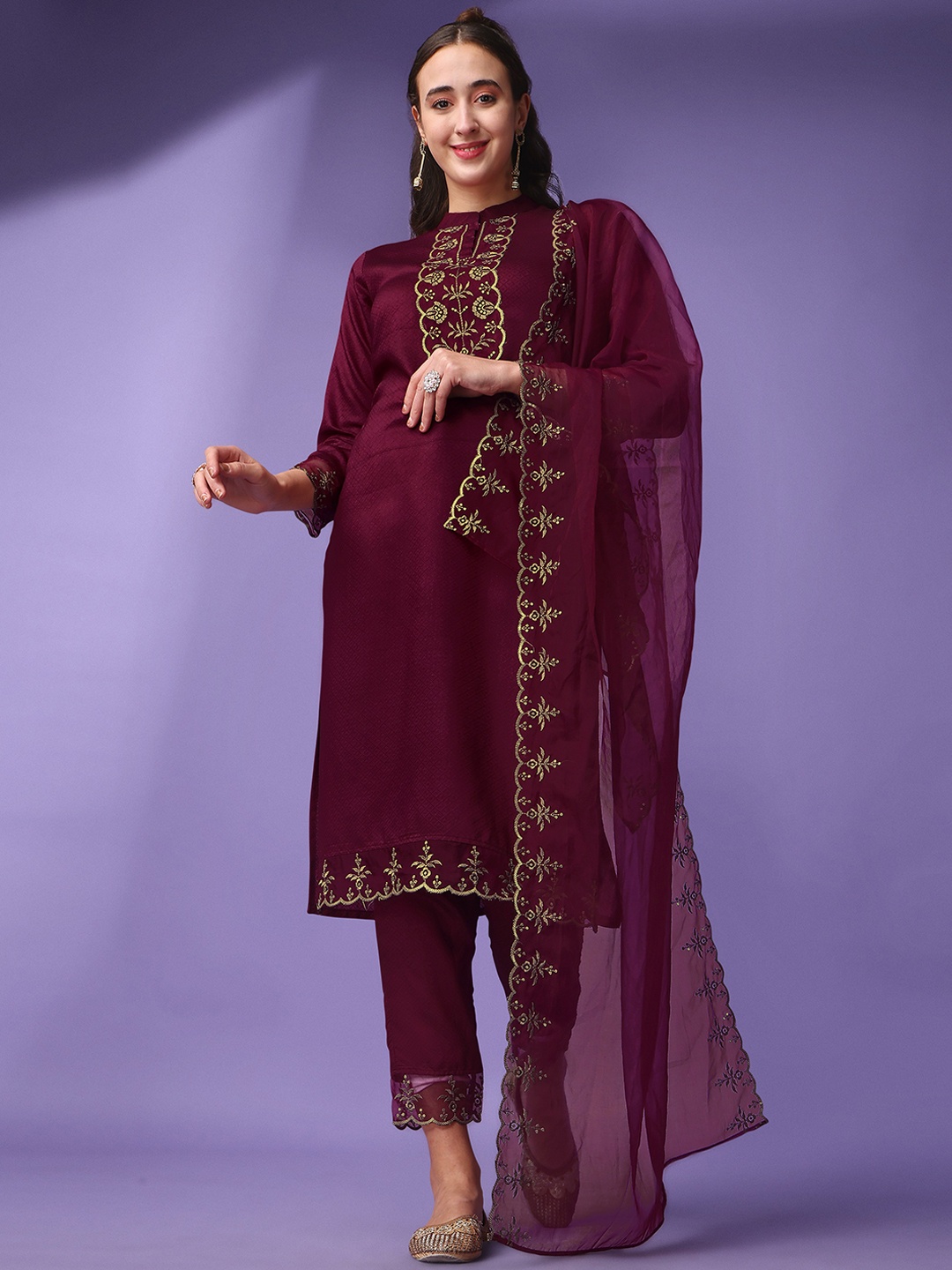 

KALINI Women Floral Yoke Design Mandarin Collar Sequinned Kurta With Trousers & Dupatta, Purple