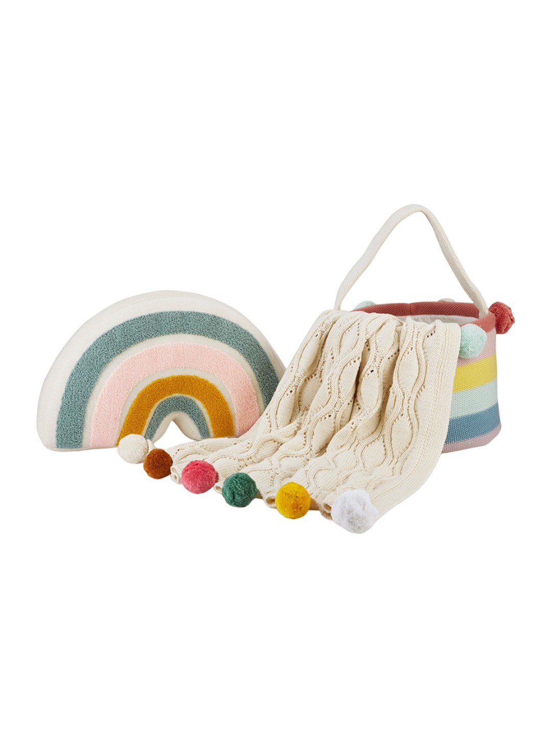 

haus & kinder Set Of 3 Pure Cotton Blanket With Cushion & Storage basket, Beige
