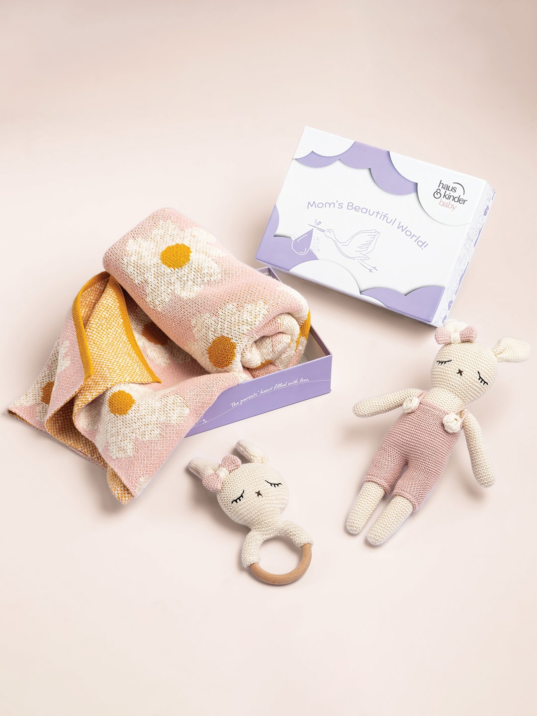 

haus & kinder Infants 3 Piece Pure Cotton Blanket with Rattle & Cuddle Cloth, Pink