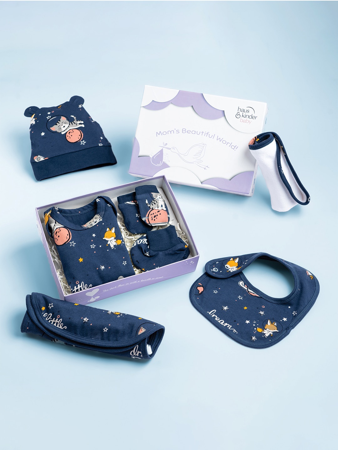 

haus & kinder Infants 7 Pieces Pure Cotton Baby Apparel Gift Set, Navy blue