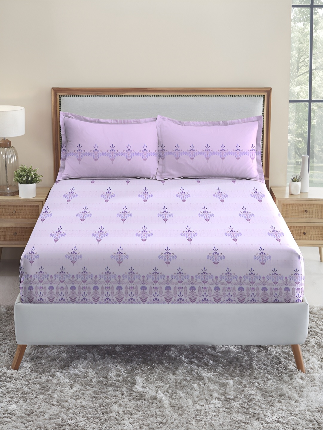 

MYTRIDENT Lilac Affair Soft Comfort Flat 210TC King Pure Cotton Bedsheet Set, Lavender