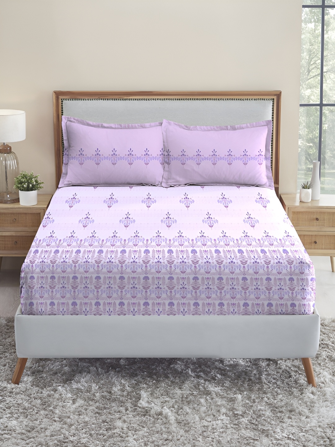 

MYTRIDENT Lilac Affair Soft Comfort Fitted 210TC King Cotton Fittedsheet & 2 Pillow Covers, Lavender