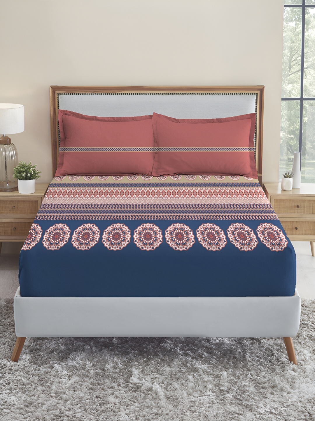 

MYTRIDENT Earthy Tale Soft Comfort Fitted 210TC King Cotton 1 Sheet with 2 Pillow Covers, Blue