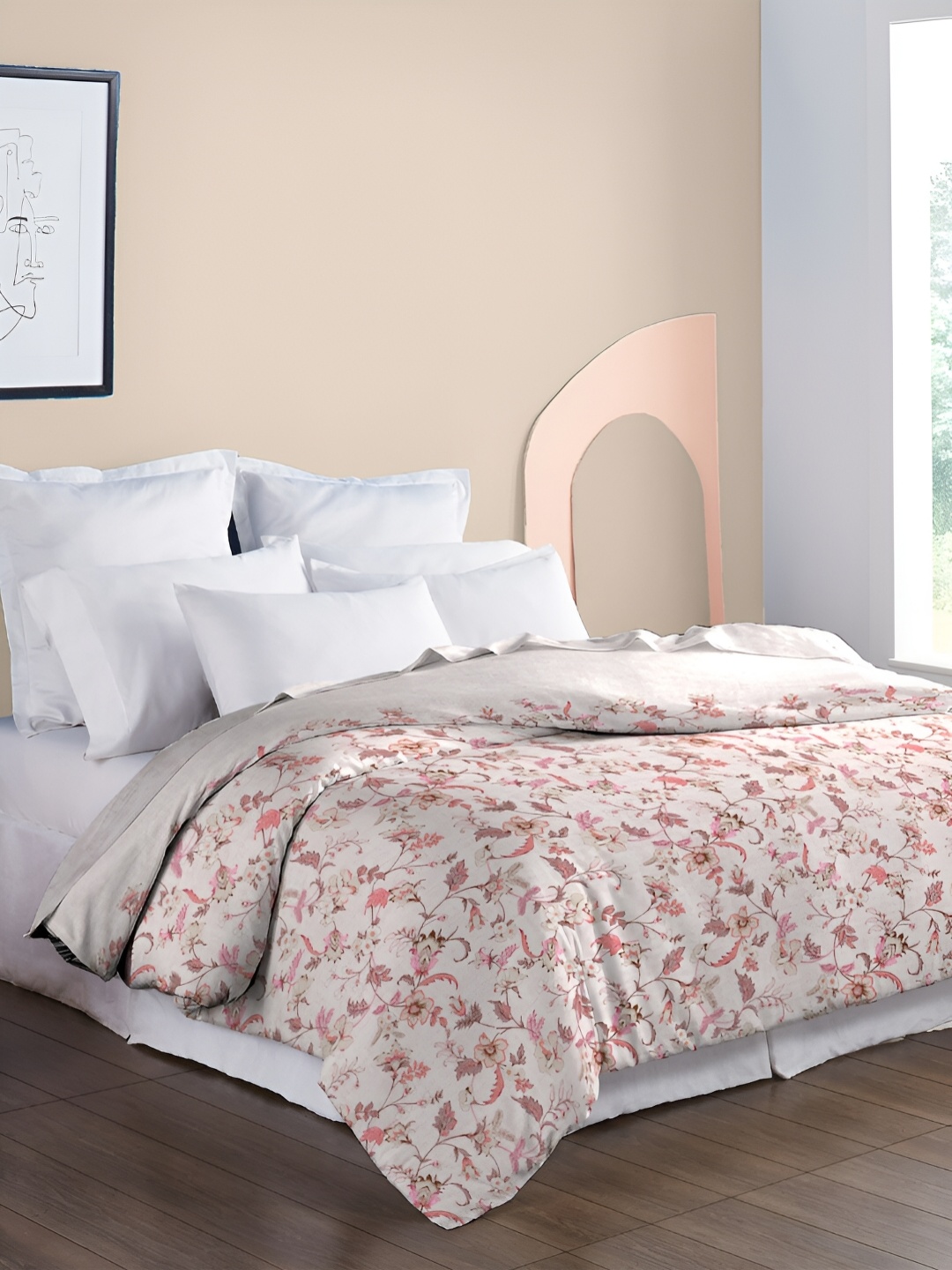 

MYTRIDENT White & Pink Floral 200 GSM Mild Winter Double Bed Comforter