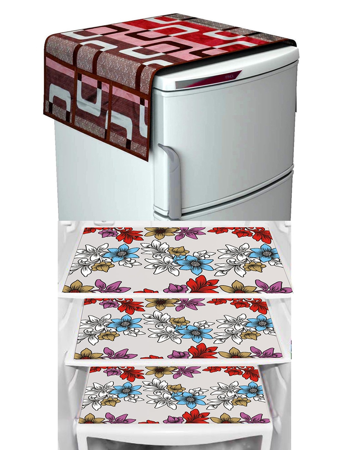 

Dakshya Industries Maroon & Red Geometric Printed Waterproof Fridge Cover & 3 Fridge Mats