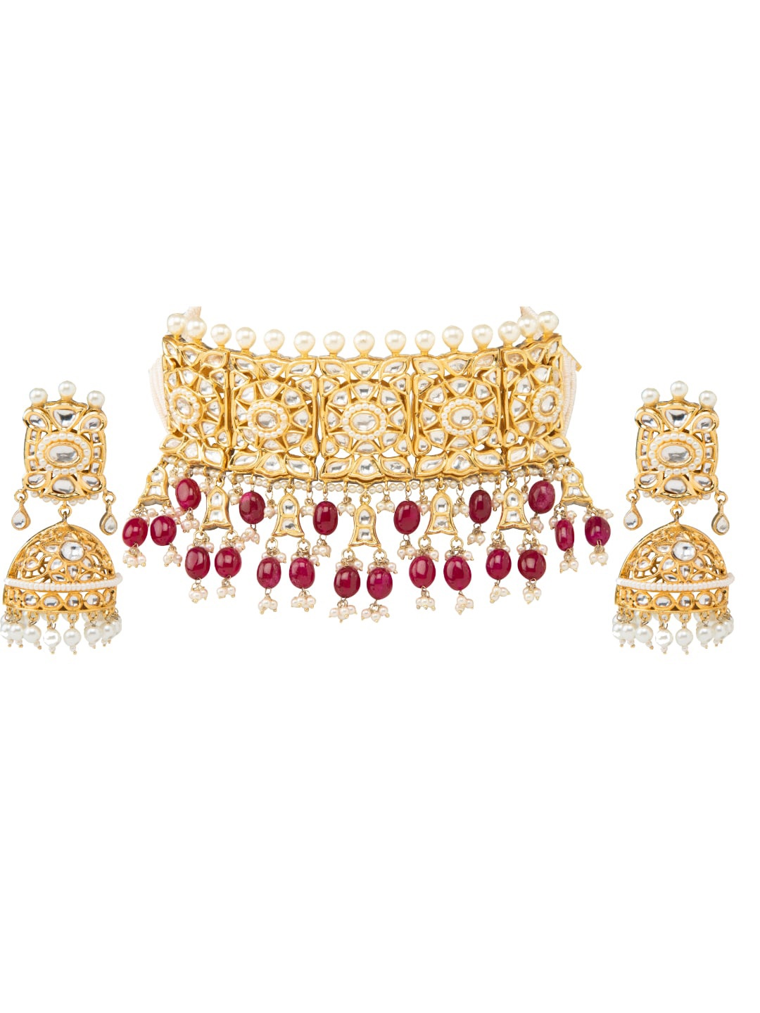 

AURAA TRENDS 22KT Gold Plated Kundan Studded & Beaded Choker & Earrings