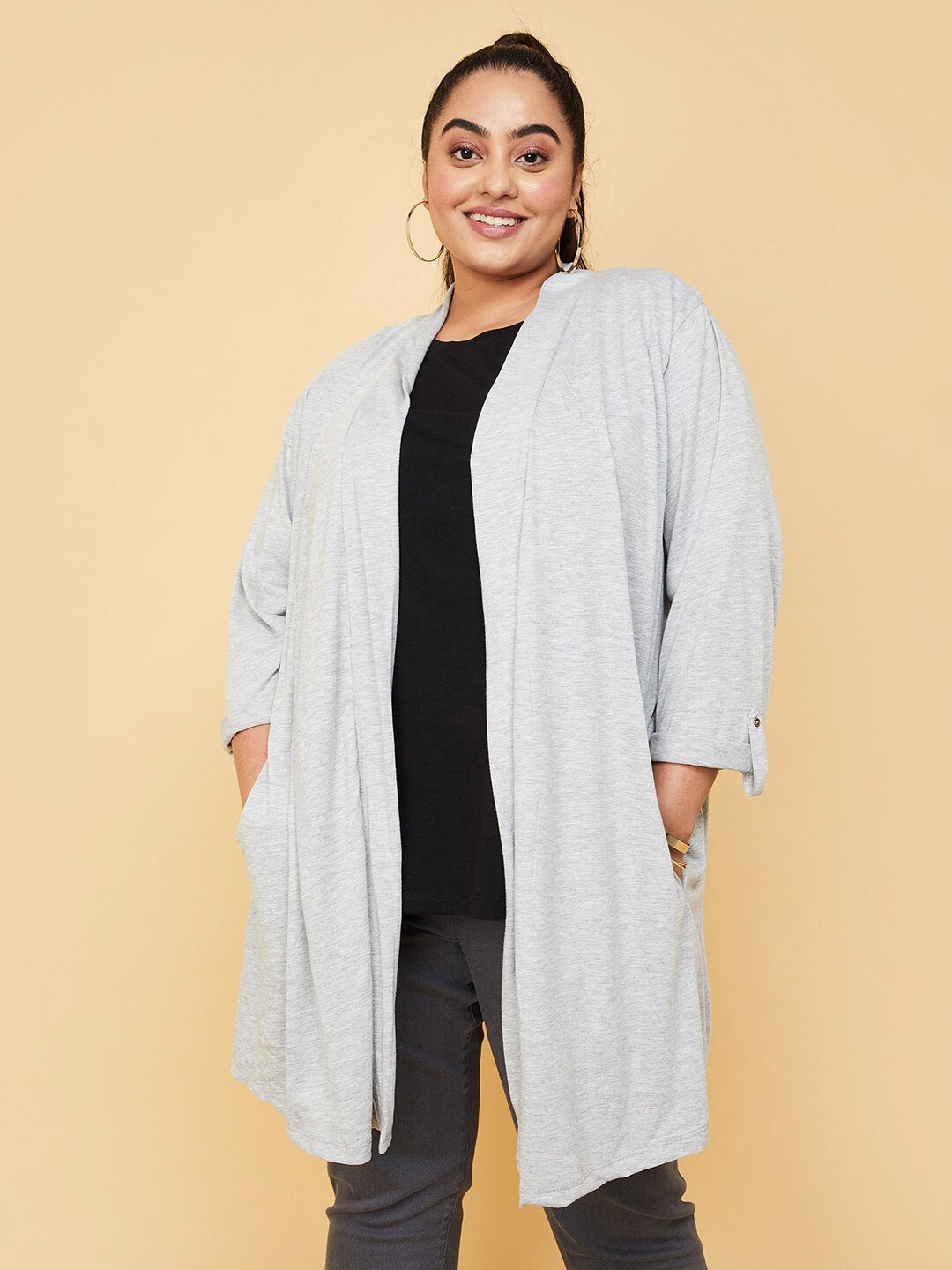 

max Plus Size Open Front Longline Acrylic Shrug, Grey