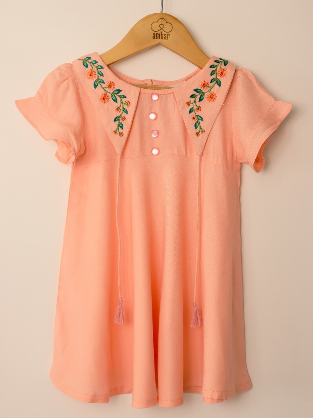 

BAESD Girls Round Neck Puff Sleeves Embroidered Cotton A-Line Dress, Pink