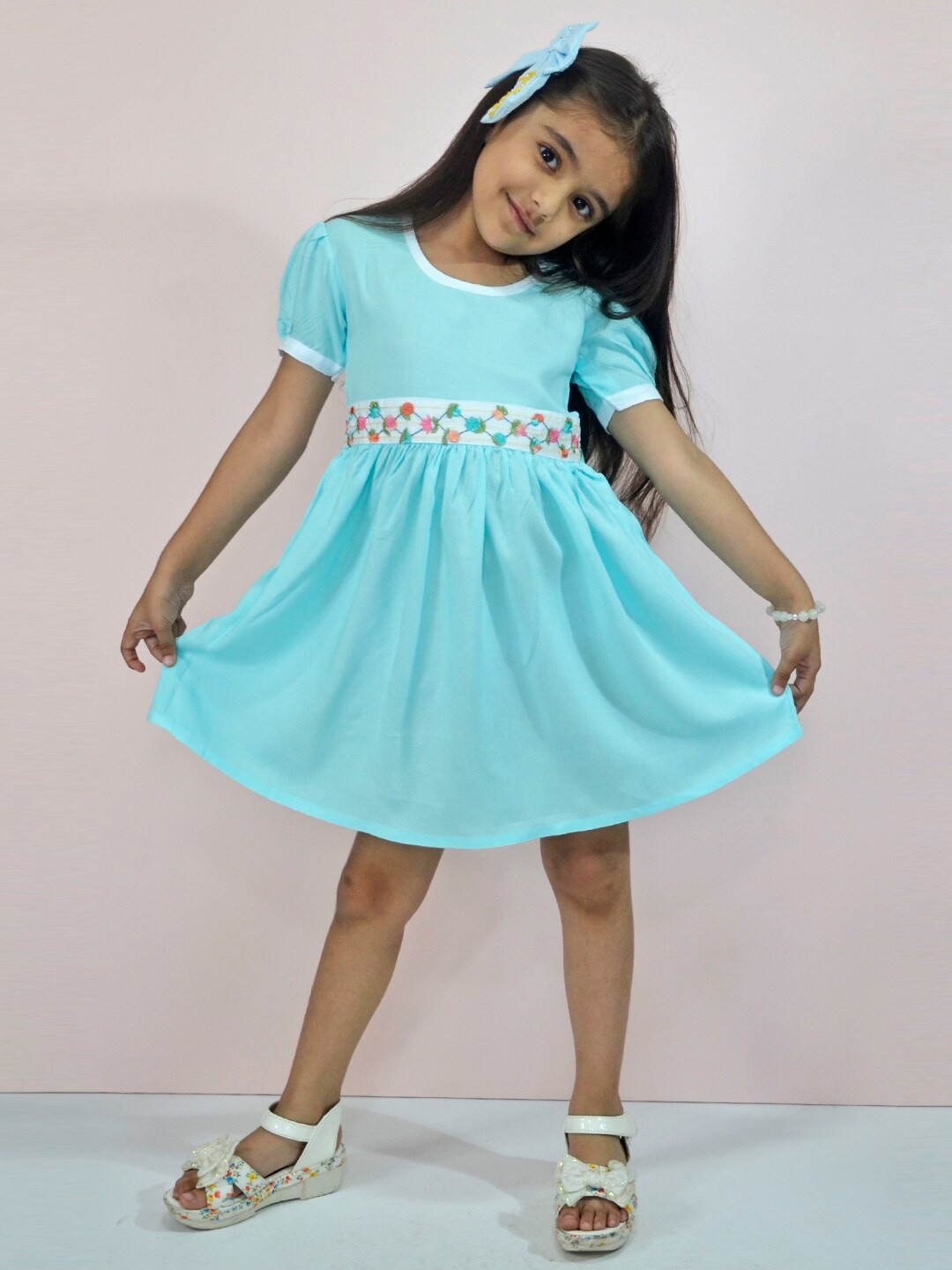 

BAESD Girls Round Neck Puff Sleeves Embroidered Cotton Fit & Flare Dress, Blue