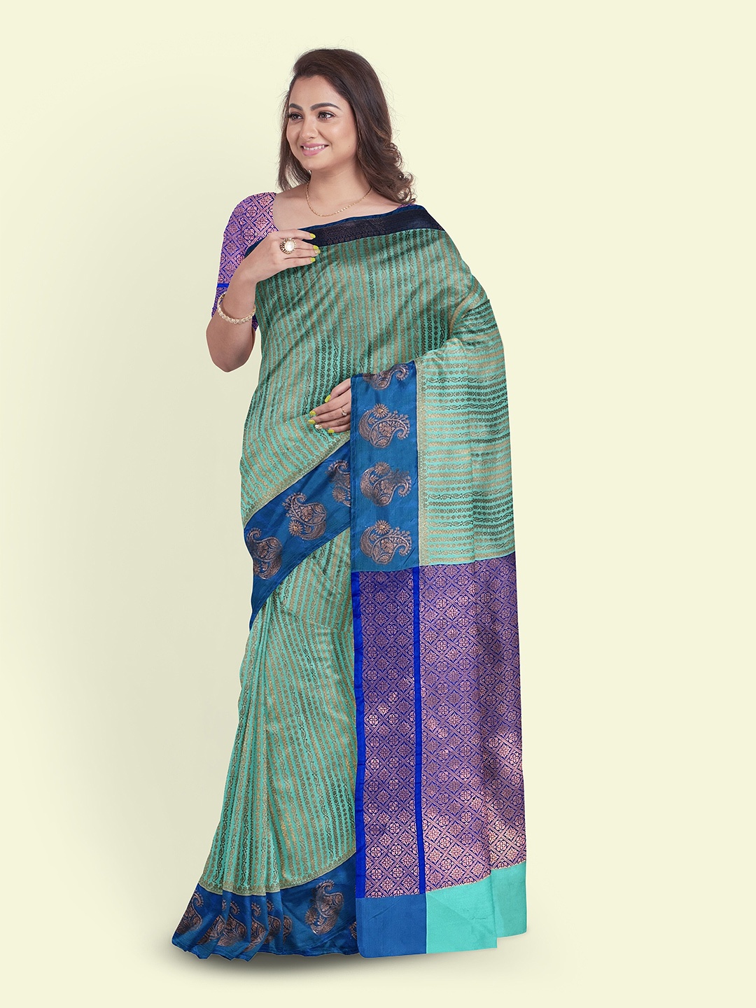

Muskan Fashion Ethnic Motifs Woven Design Zari Banarasi Saree, Sea green
