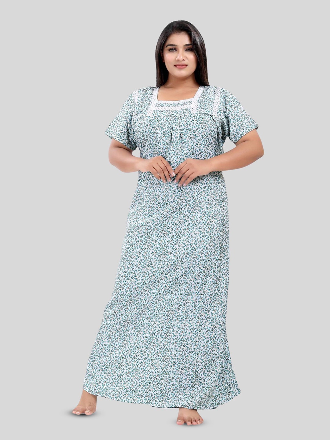 

Fabme Plus Size Printed Pure Cotton Maxi Nightdress, Turquoise blue