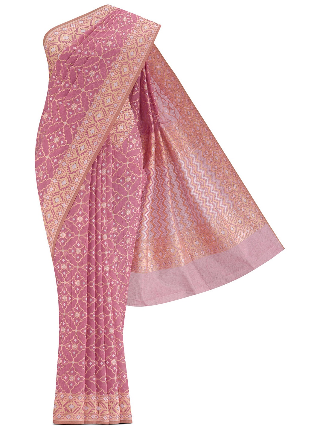 

Nalli Ethnic Motifs Woven Design Zari Silk Cotton Banarasi Saree, Pink