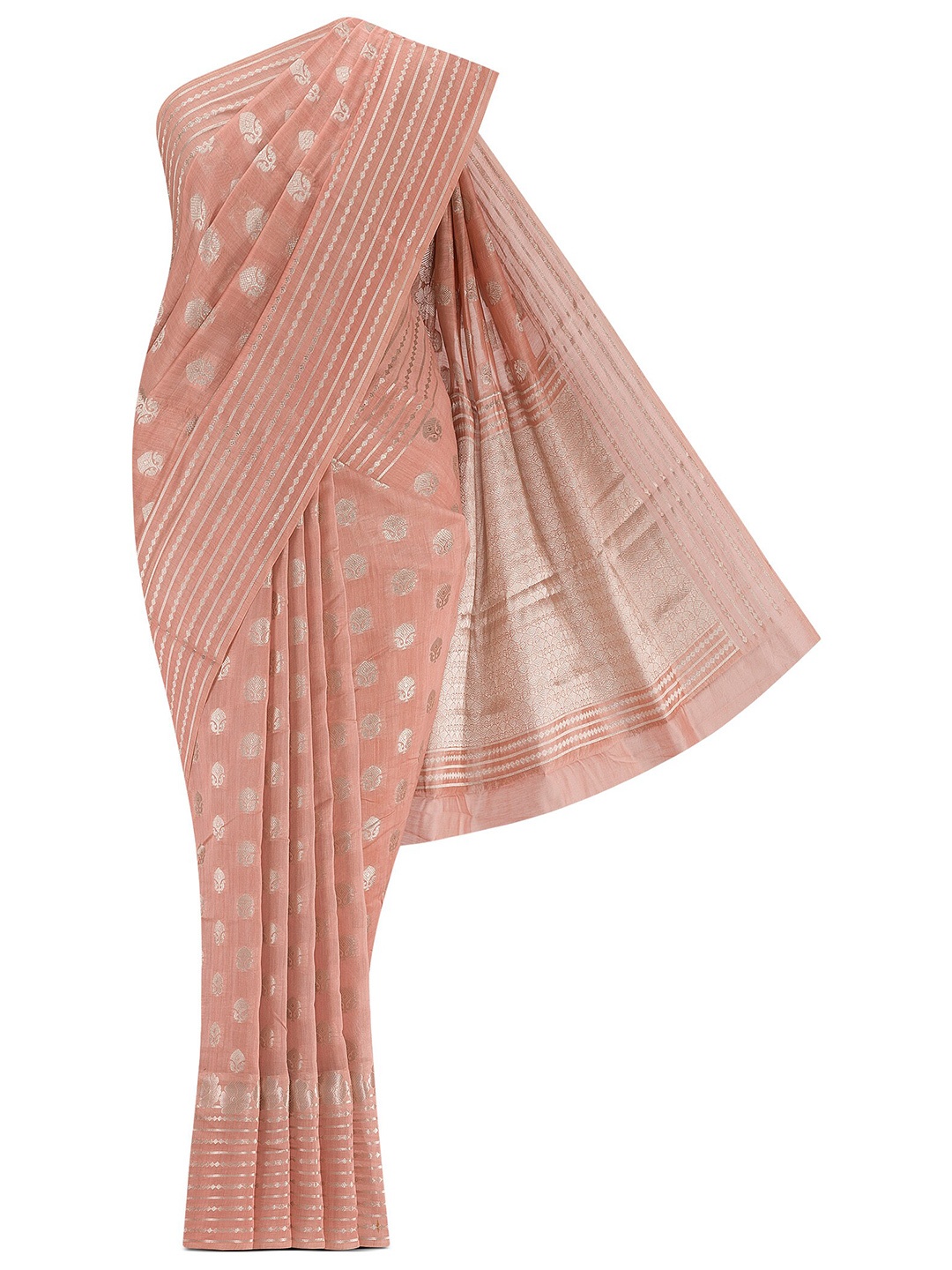 

Nalli Ethnic Motifs Woven Design Zari Chanderi Silk Cotton Saree, Peach