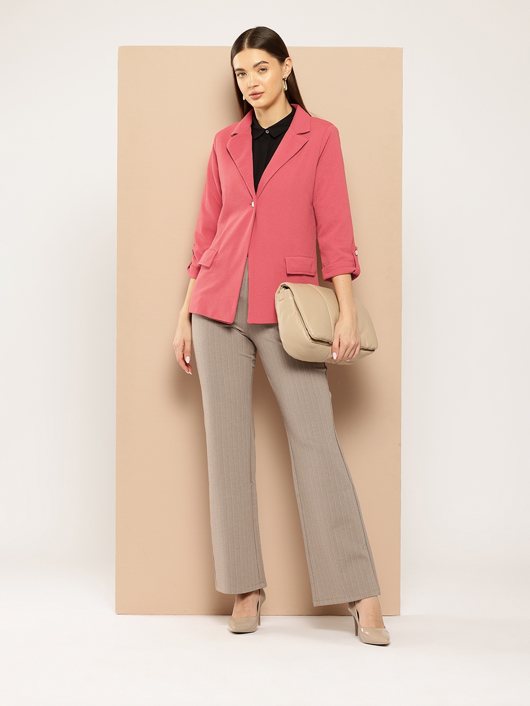 

Chemistry Single-Breasted Roll-Up Sleeve Blazer, Coral
