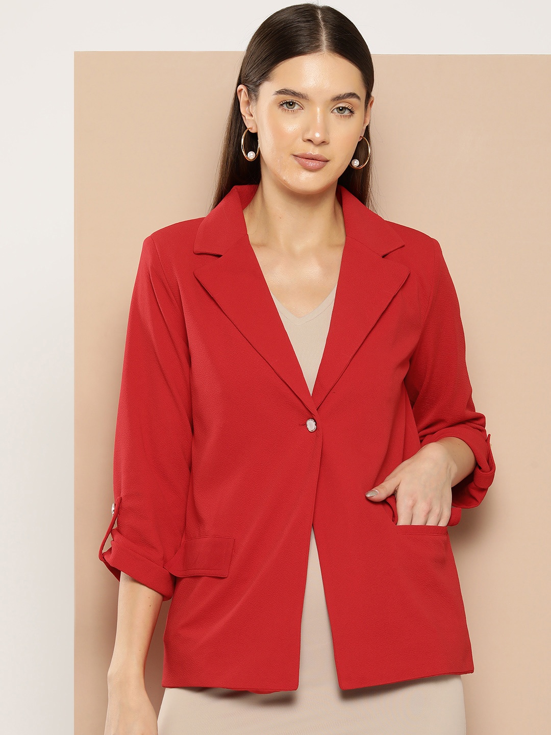 

Chemistry Notched Lapel Collar Single Breasted Regular Fit Blazer, Red
