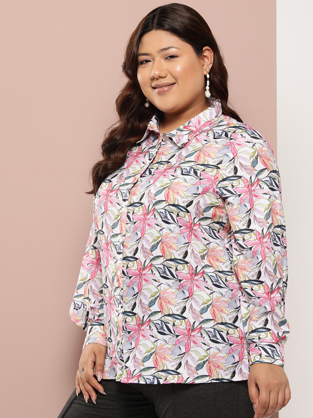 

Sztori Plus Size Floral Printed Shirt, White