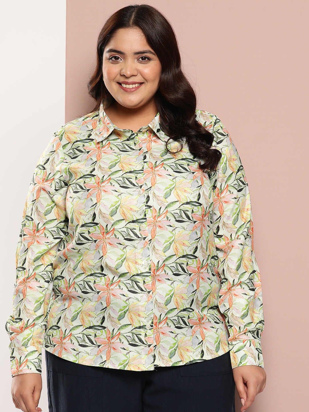 

Sztori Plus Size Floral Printed Casual Shirt, Green