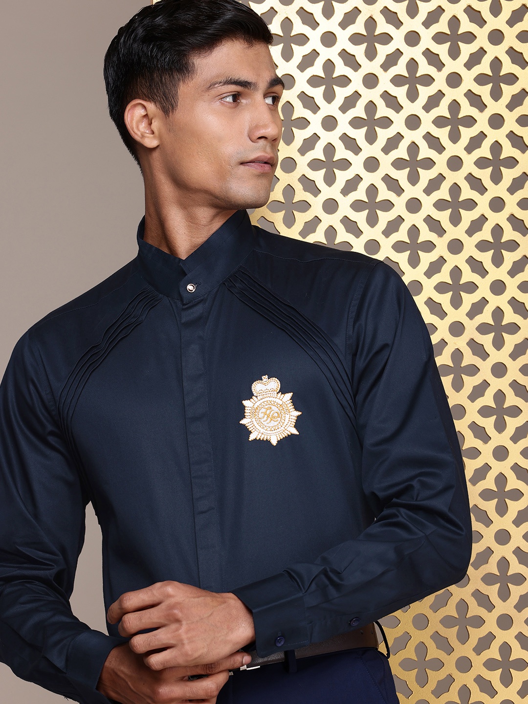 

House of Pataudi Embroidered Pure Cotton Opaque Party Shirt, Navy blue