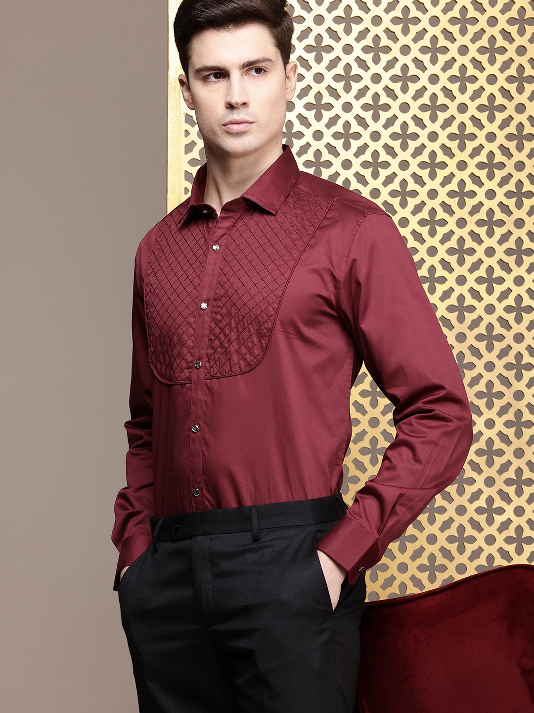 

House of Pataudi Pure Cotton Thread Work Party Shirt, Maroon