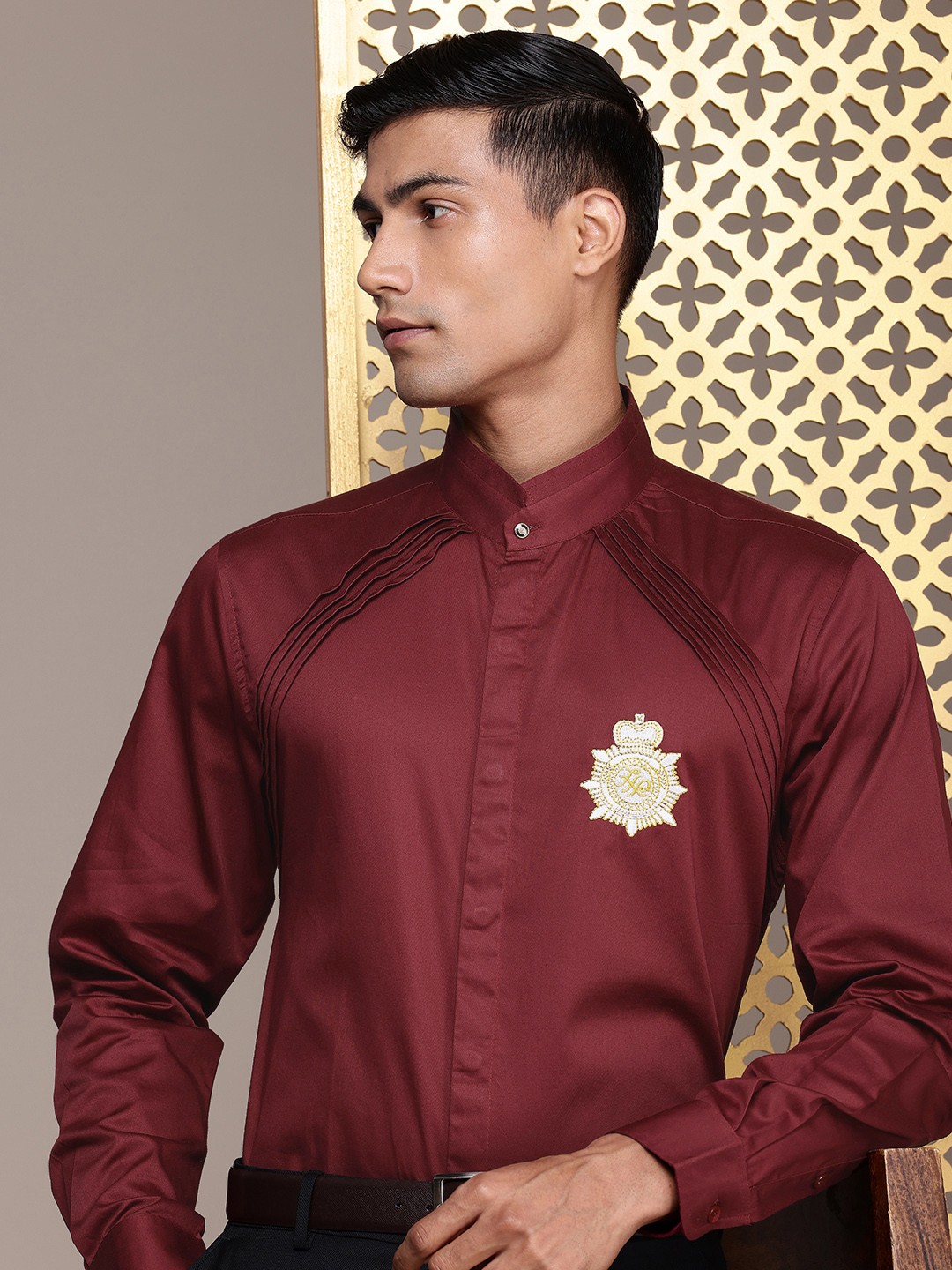 

House of Pataudi Embroidered Pure Cotton Opaque Party Shirt, Maroon