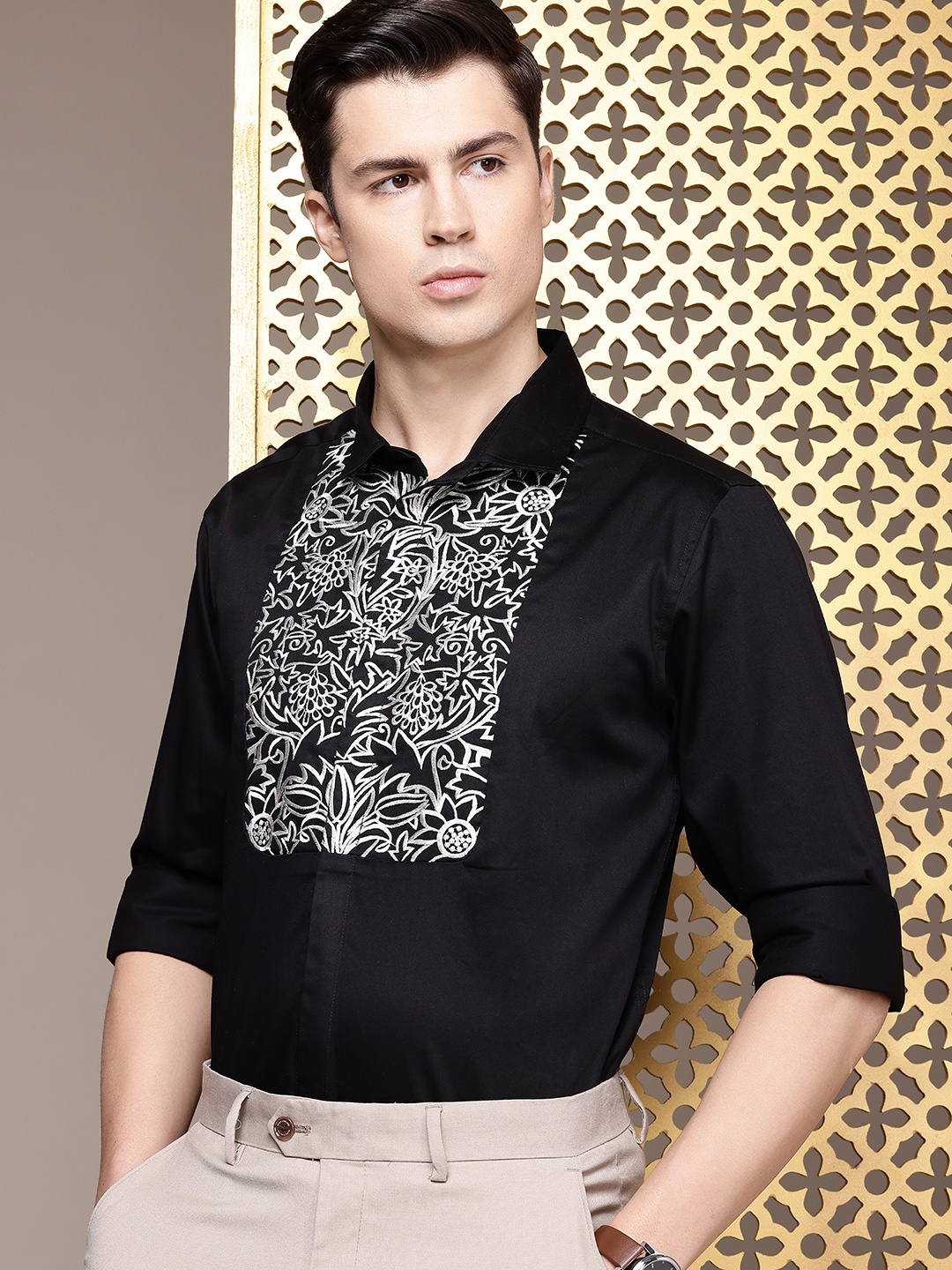 

House of Pataudi Men Opaque Red Carpet Party Shirt, Black
