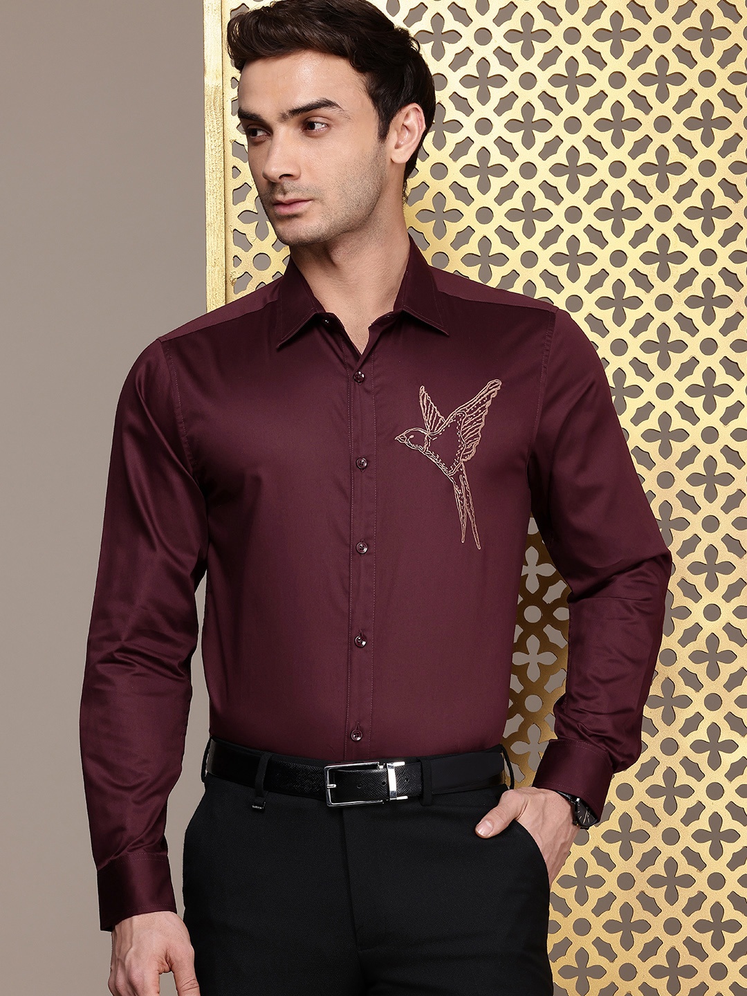 

House of Pataudi Pure Cotton Embroidered Party Shirt, Burgundy