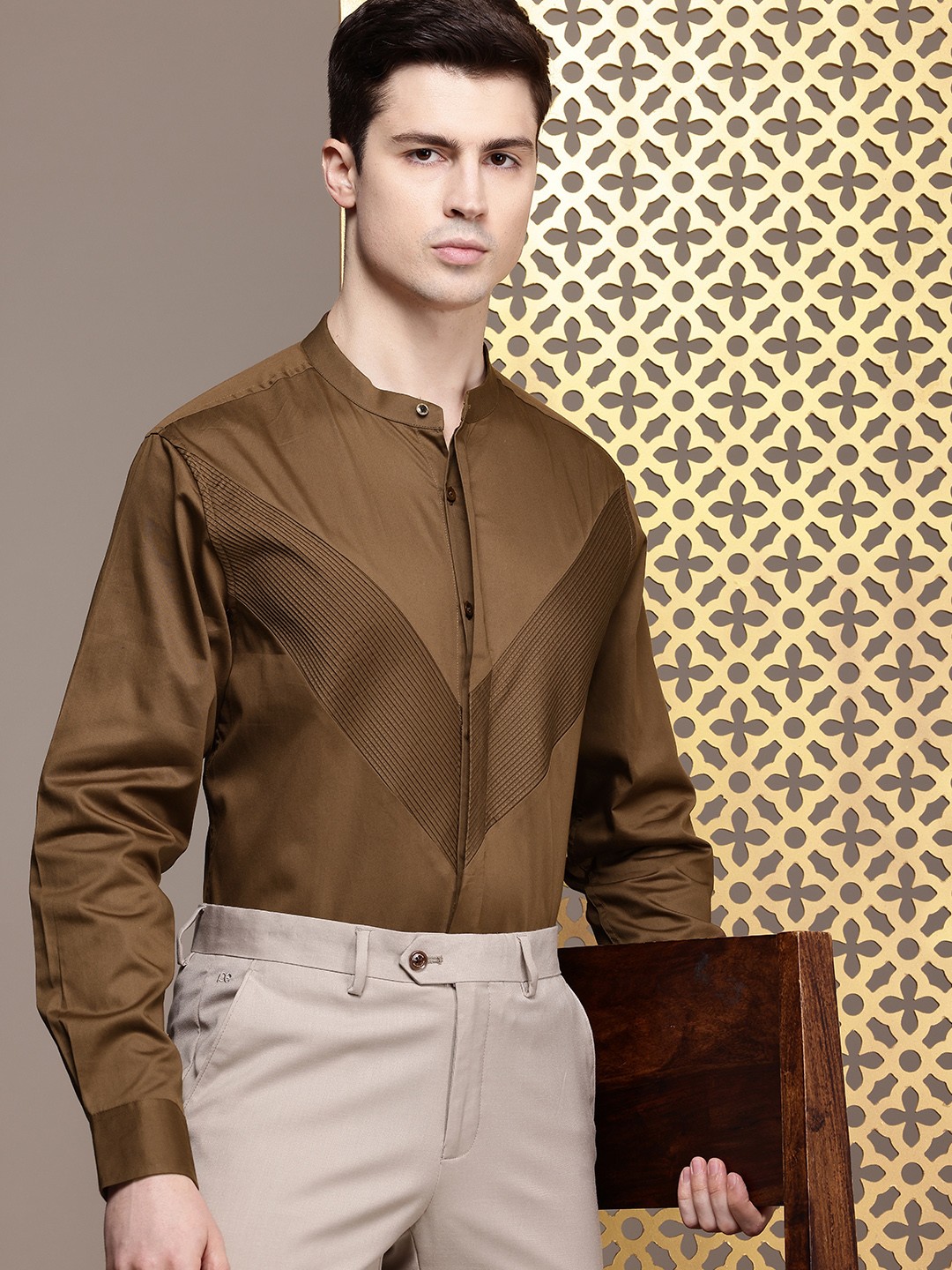 

House of Pataudi Pure Cotton Pleated Party Shirt, Brown