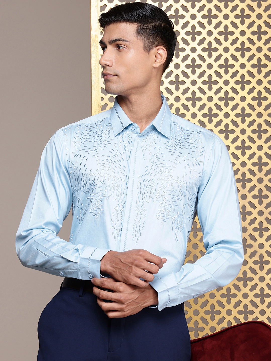 

House of Pataudi Self Design Pure Cotton Opaque Party Shirt, Blue