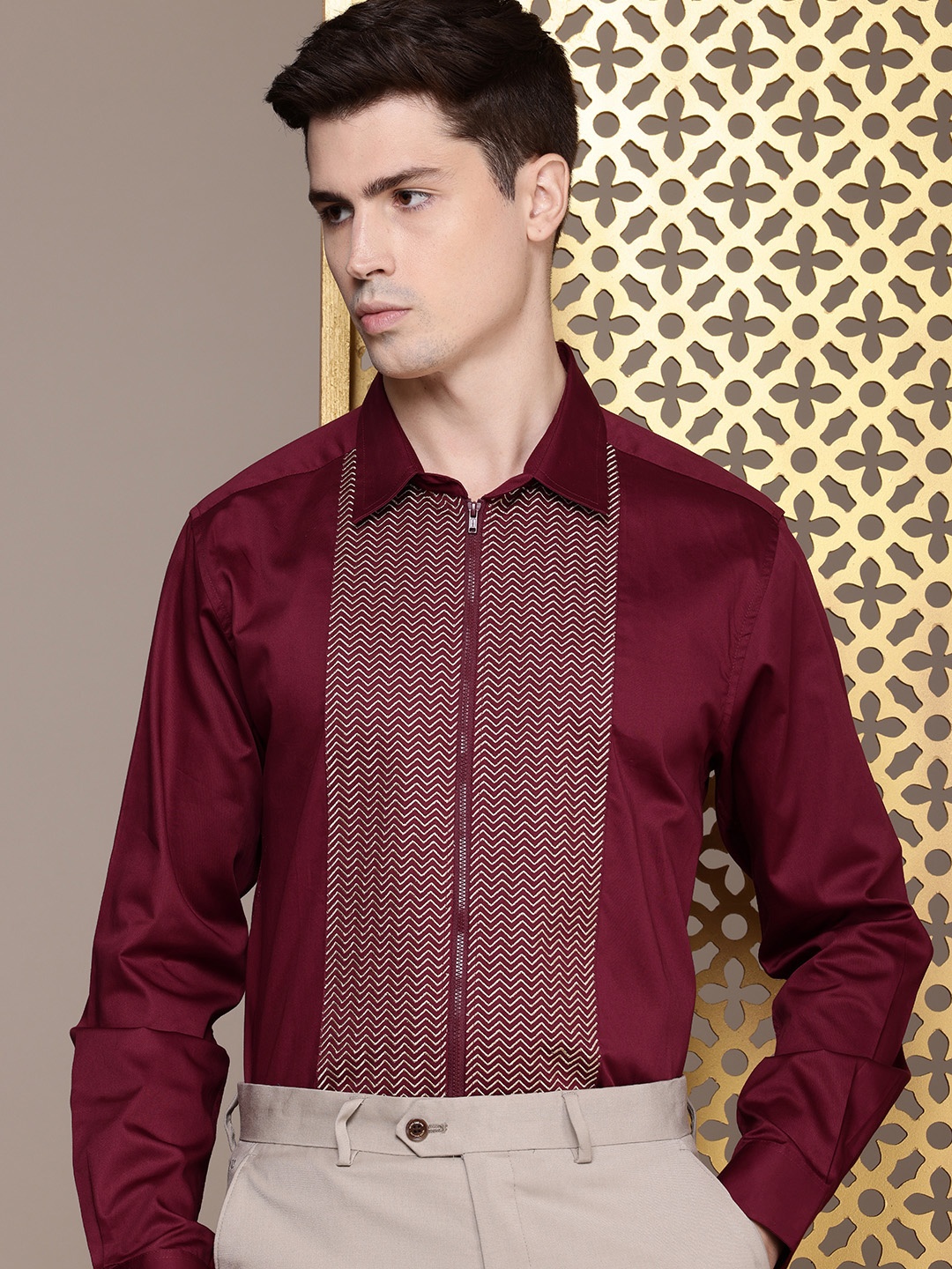

House of Pataudi Pure Cotton Zari Work Chevron Opaque Party Shirt, Maroon