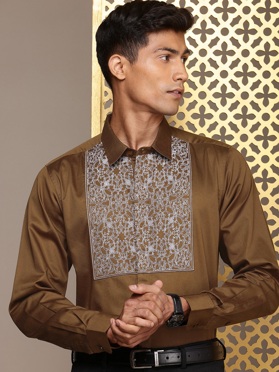 

House of Pataudi Red Carpet Pure Cotton Embroidered Opaque Party Shirt, Brown