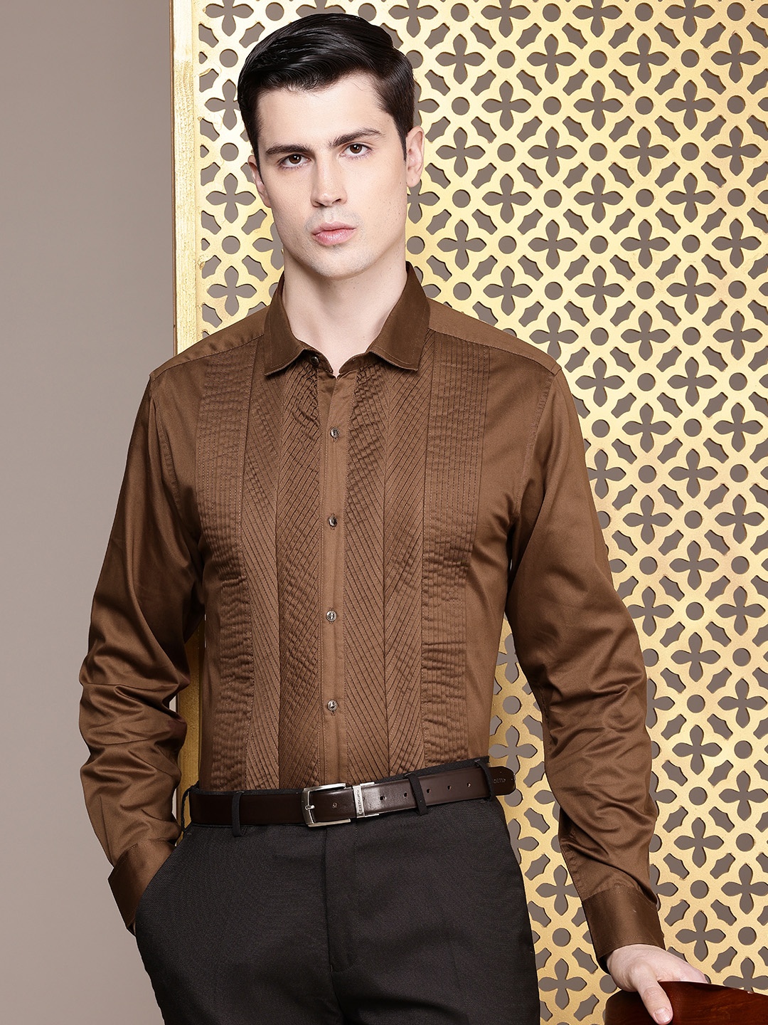 

House of Pataudi Pure Cotton Pleated Opaque Party Shirt, Brown