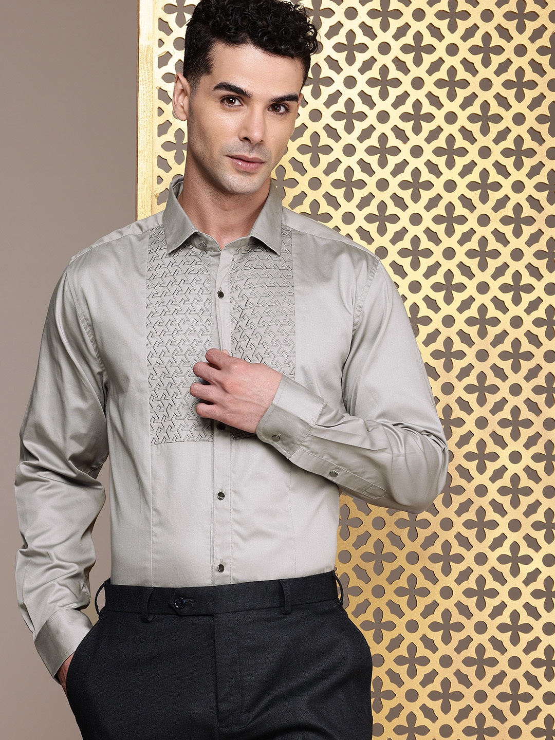 

House of Pataudi Pure Cotton Geometric Embroidered Party Shirt, Grey