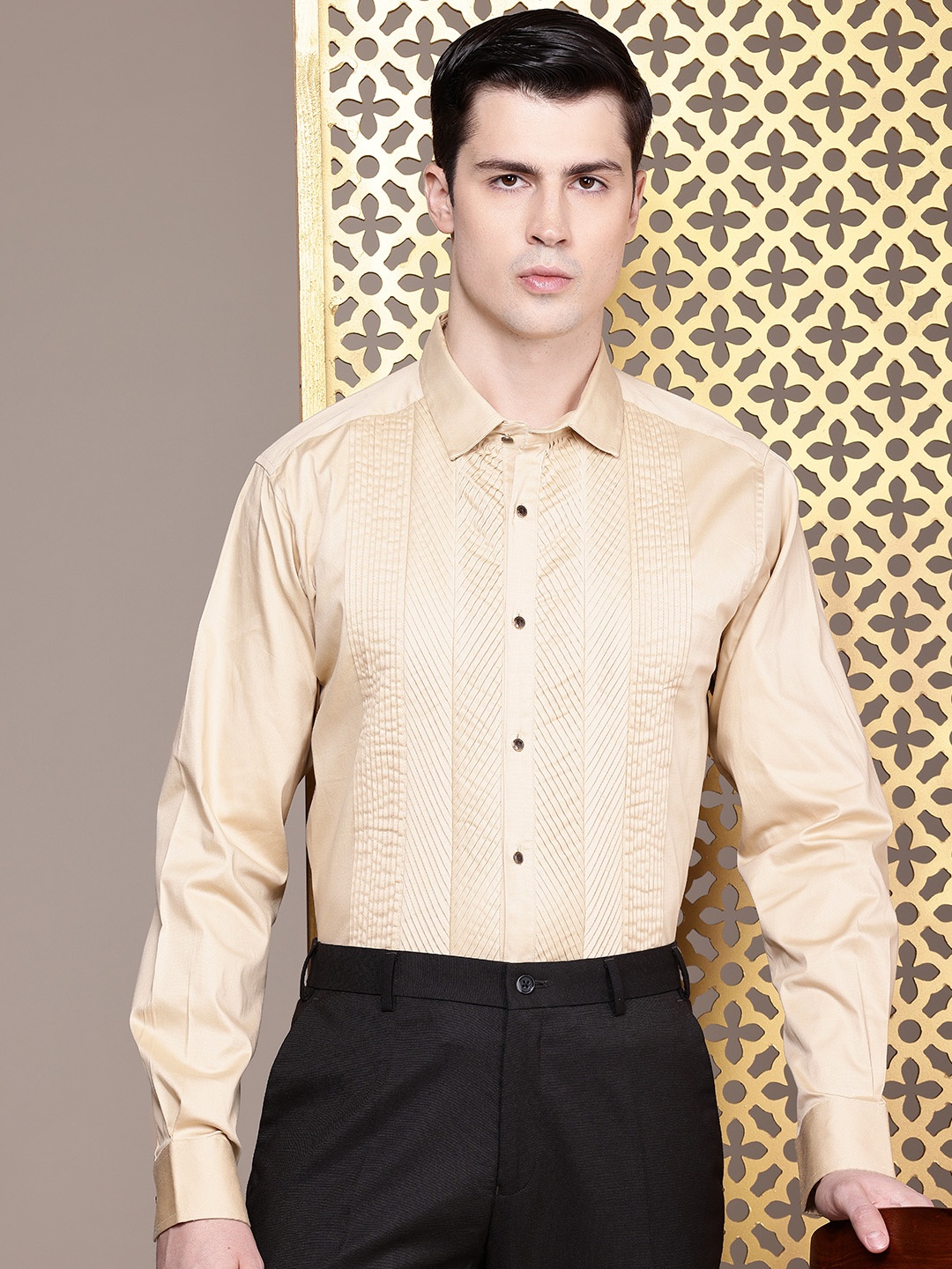 

House of Pataudi Pure Cotton Pleated Party Shirt, Beige