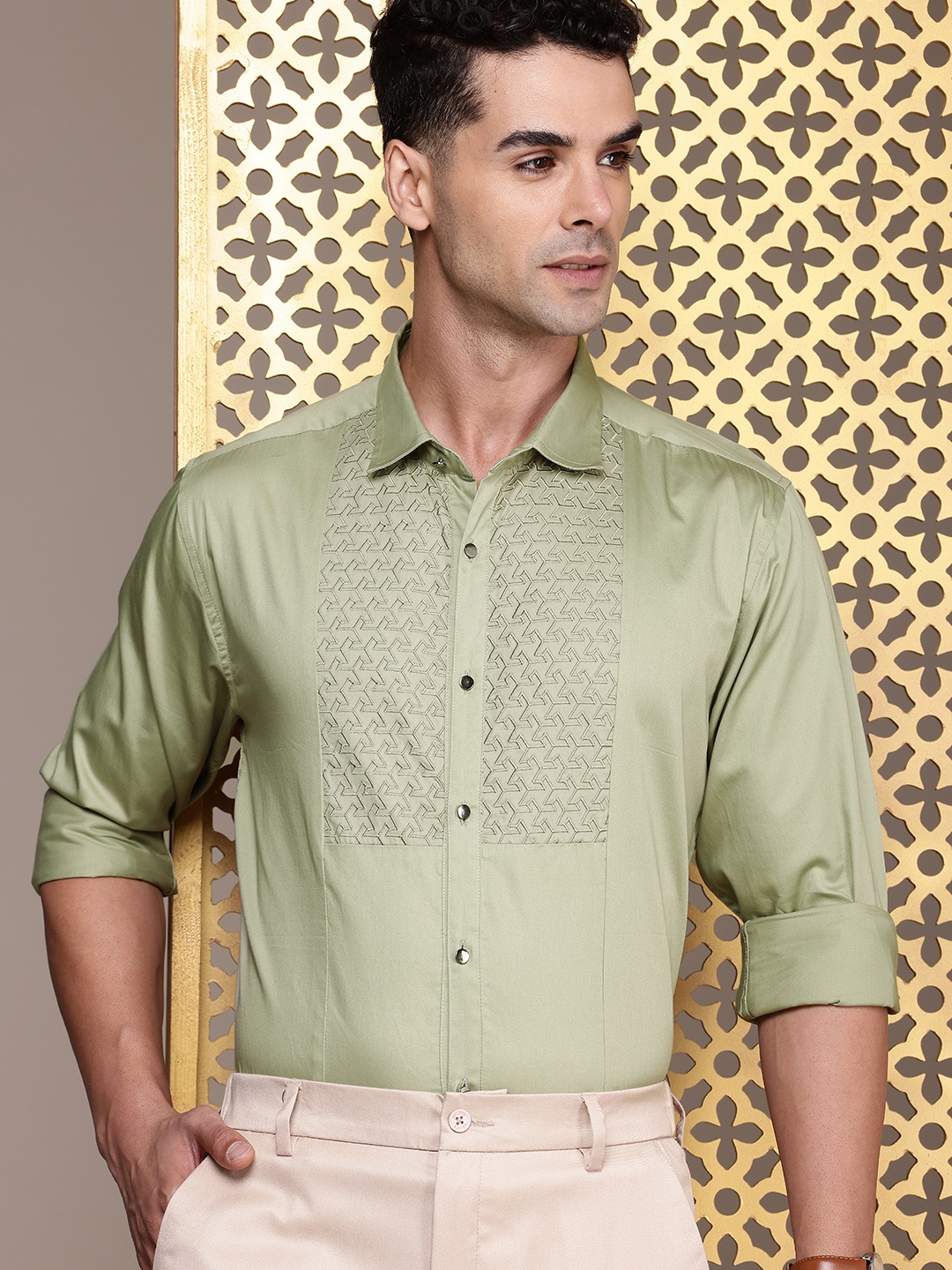 

House of Pataudi Pure Cotton Geometric Embroidered Party Shirt, Olive
