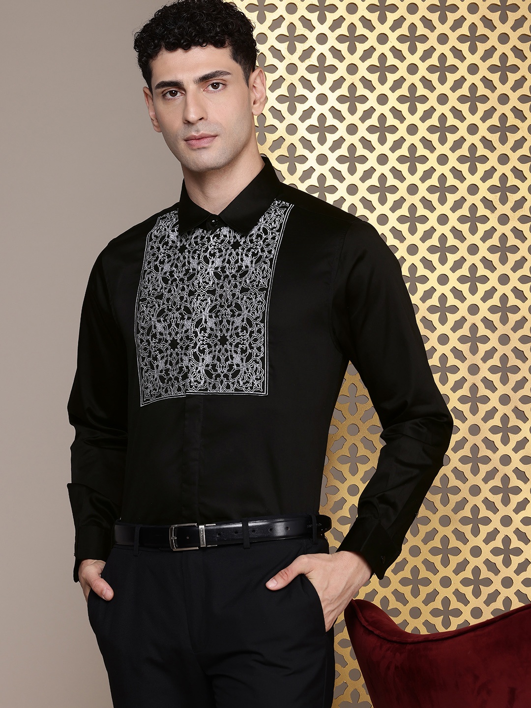 

House of Pataudi Pure Cotton Ethnic Motifs Embroidered Opaque Party Shirt, Black