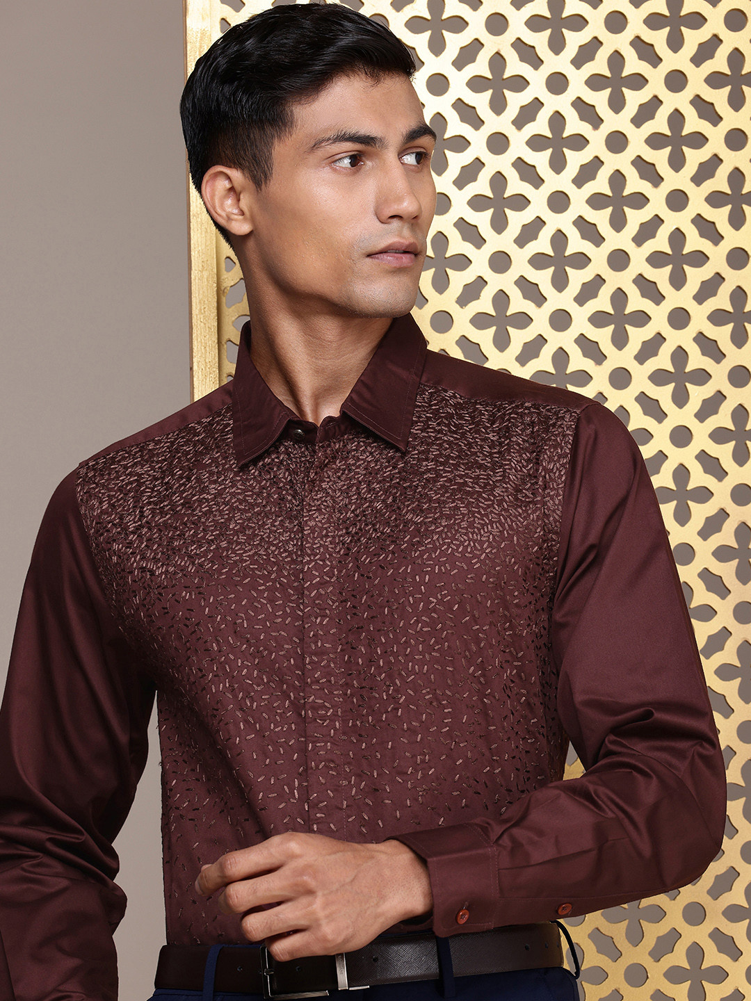 

House of Pataudi Self Design Pure Cotton Opaque Party Shirt, Brown