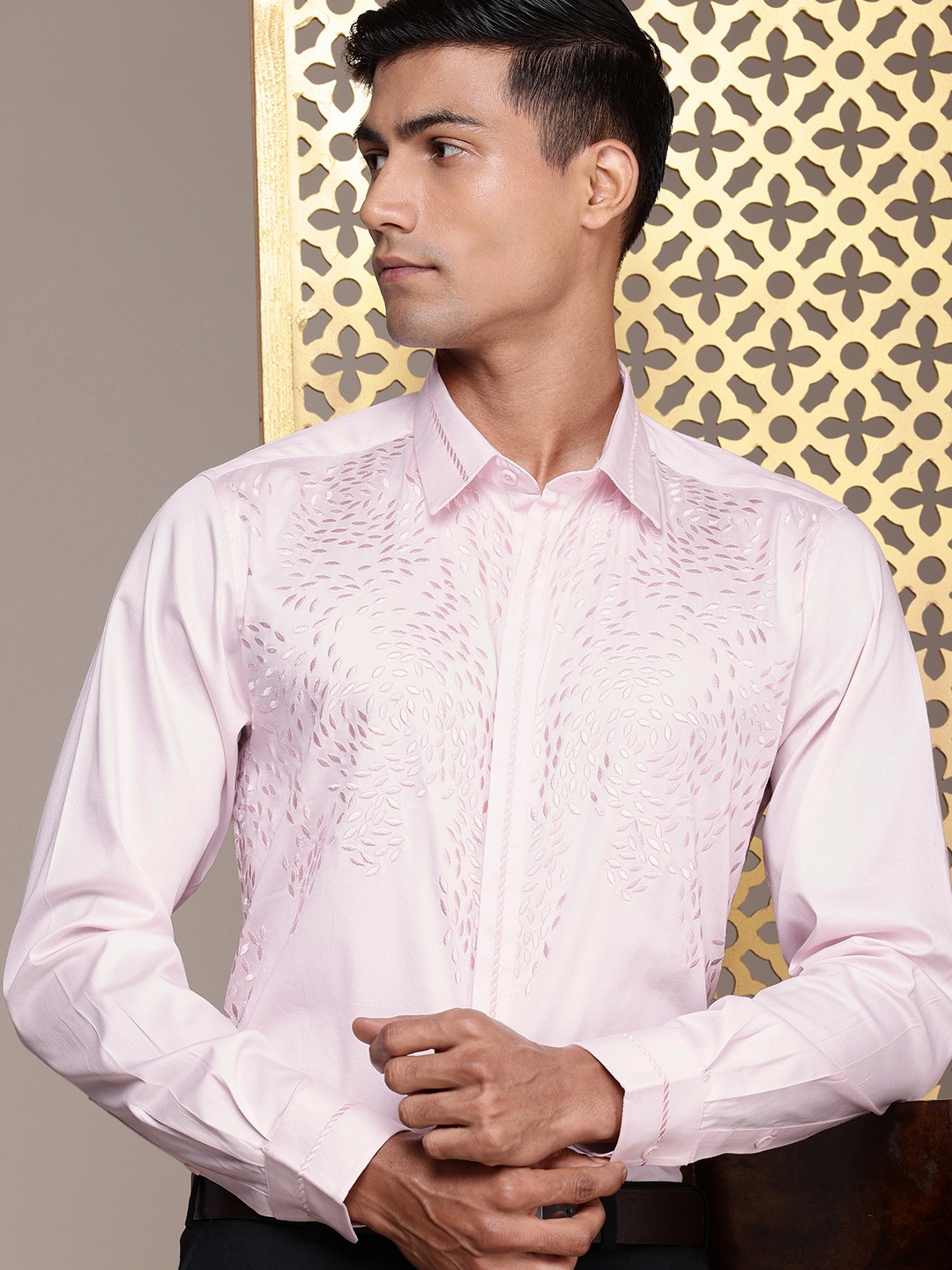 

House of Pataudi Self Design Pure Cotton Opaque Party Shirt, Pink